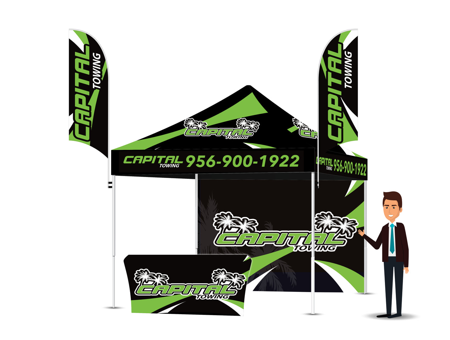 Custom Printed Tent With Backwall, 2 Double Sided Flags And a Table Cover FREE DESIGN - 10x10 Custom Canopy For Marketing, Trade Shows, Festivals, Farmers Market and Any Event.