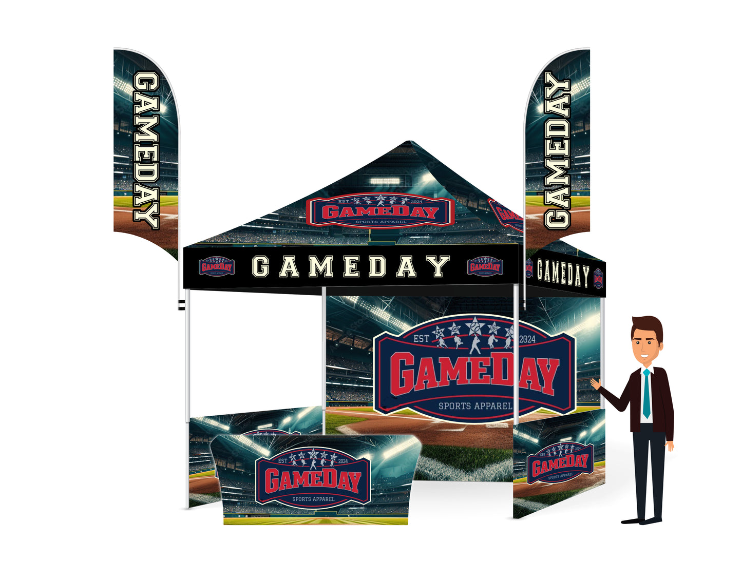 Custom Printed Tent With A Backdrop, 2 Half Walls, 2 Double Sided Flags And a Table Cover FREE DESIGN - 10x10 Custom Canopy For Marketing, Trade Shows, Festivals, Farmers Market and Any Event.