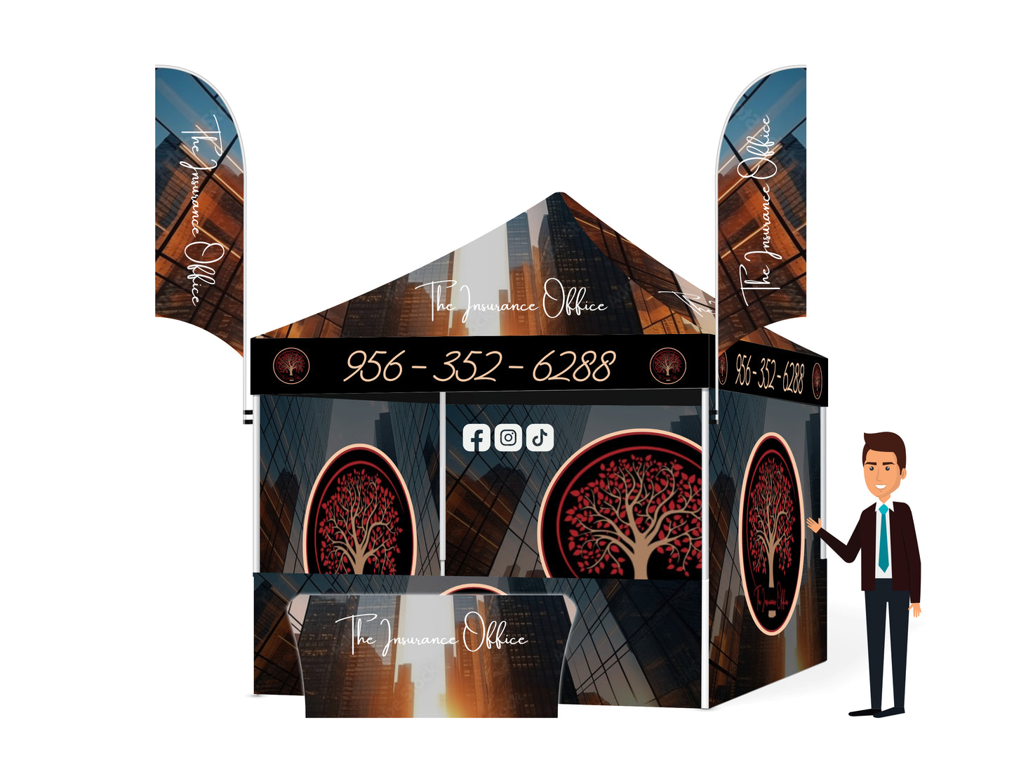Custom Printed Tent With 3 Full Walls, 1 Half Wall, 2 Double Sided Flags And a Table Cover FREE DESIGN - 10x10 Custom Canopy For Marketing, Trade Shows, Festivals, Farmers Market and Any Event.