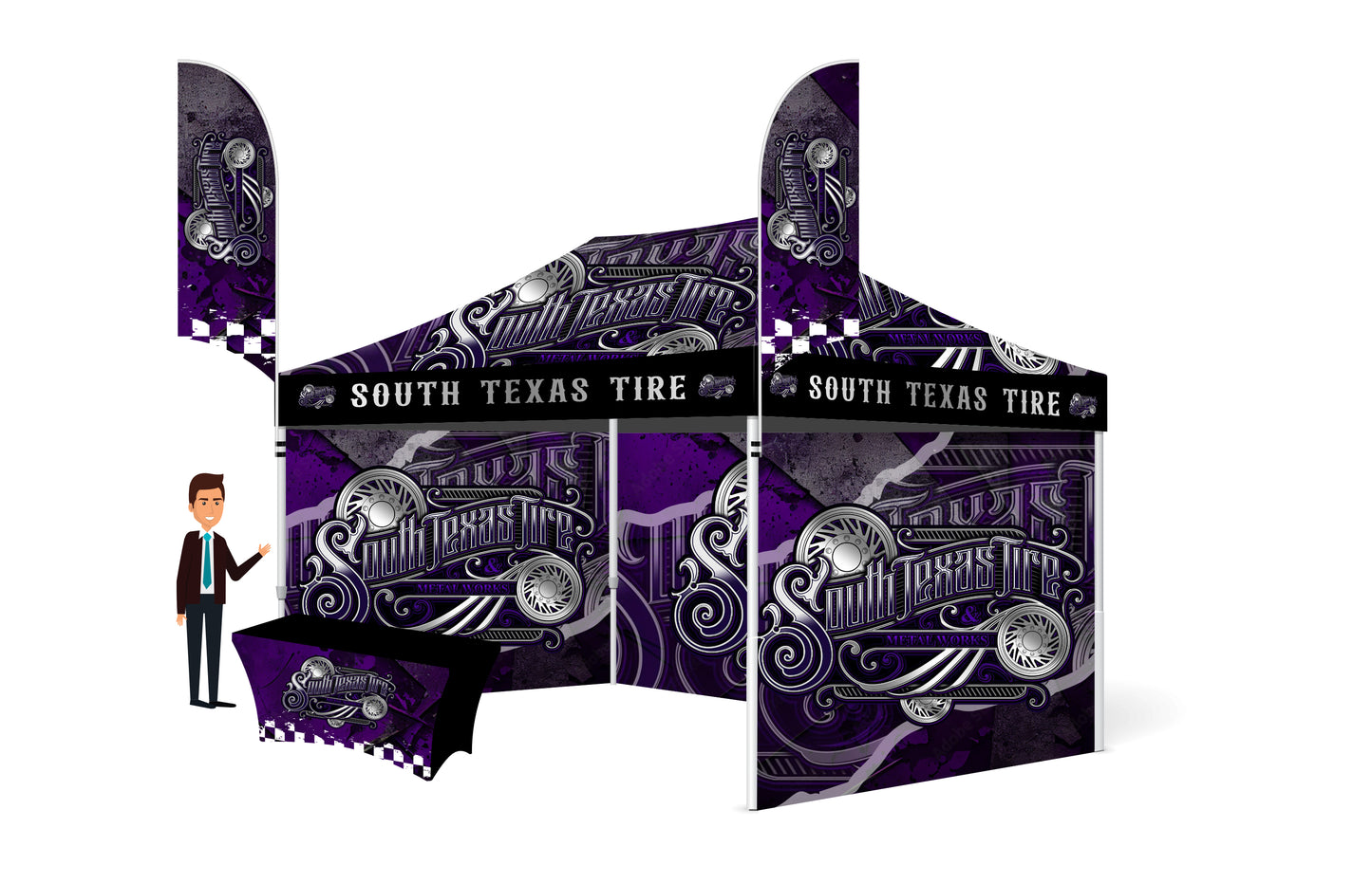 10x15 Custom Printed Tent With 3 Full Walls, 2 Double Sided Flags And a Table Cover FREE DESIGN - 10x15 Custom Canopy For Marketing, Trade Shows, Festivals, Farmers Market and Any Event.