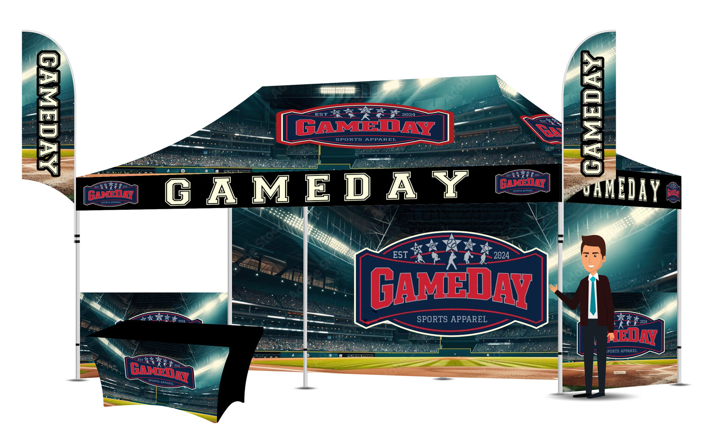 Custom Printed 10x20 Tent With A Backdrop, 2 Half Walls, 2 Double Sided Flags And a Table Cover FREE DESIGN - 10x20 Custom Canopy For Marketing, Trade Shows, Festivals, Farmers Market and Any Event.