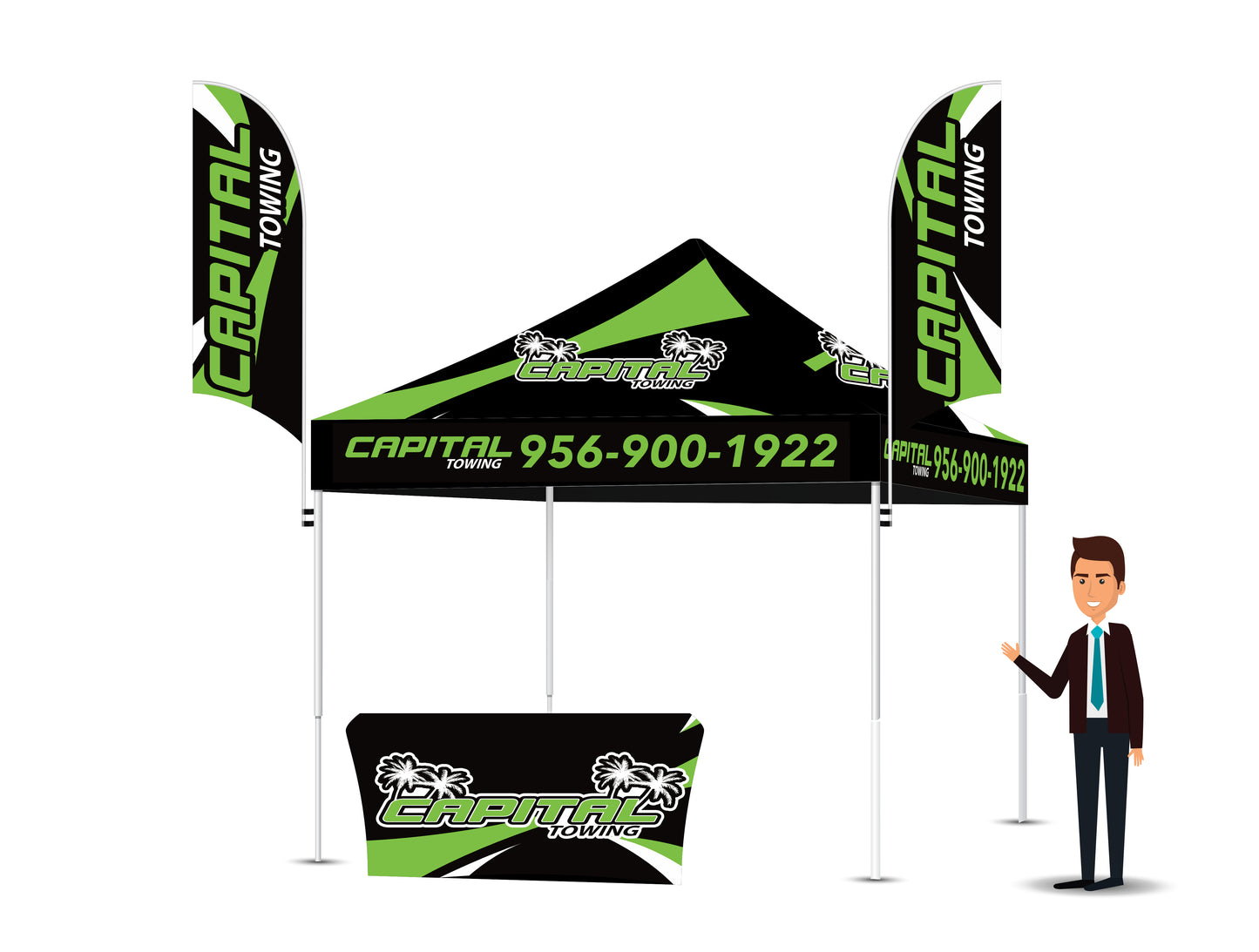 Custom Printed 10x10 Tent FREE DESIGN With 2 Double Sided Flags And a Table Cover - 10x10 Custom Canopy For Marketing, Trade Shows, Festivals, Farmers Market and Any Event.