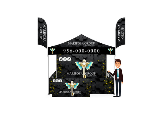 Custom Printed Tent With A Backdrop, 3 Half Walls, 2 Double Sided Flags And a Table Cover FREE DESIGN - 10x10 Custom Canopy For Marketing, Trade Shows, Festivals, Farmers Market and Any Event.
