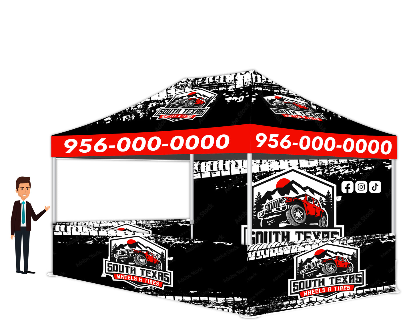 10x15 Custom Printed Tent With A Backdrop and Three Half Walls FREE DESIGN - 10x15 Custom Canopy For Marketing, Trade Shows, Festivals, Farmers Market and Any Event.