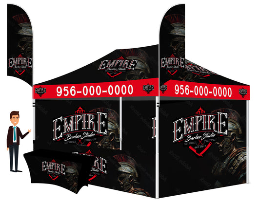 10x15 Custom Printed Tent With 3 Full Walls, 1 Half Wall, 2 Double Sided Flags And a Table Cover FREE DESIGN - 10x15 Custom Canopy For Marketing, Trade Shows, Festivals, Farmers Market and Any Event.