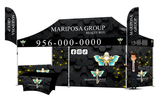 Custom Printed 10x20 Tent With A Backdrop, 3 Half Walls, 2 Double Sided Flags And a Table Cover FREE DESIGN - 10x20 Custom Canopy For Marketing, Trade Shows, Festivals, Farmers Market and Any Event.